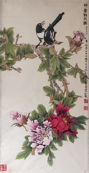 李金庆作品 工笔花鸟《双喜牡丹图》 2006年9月25日    规格：138x69cm